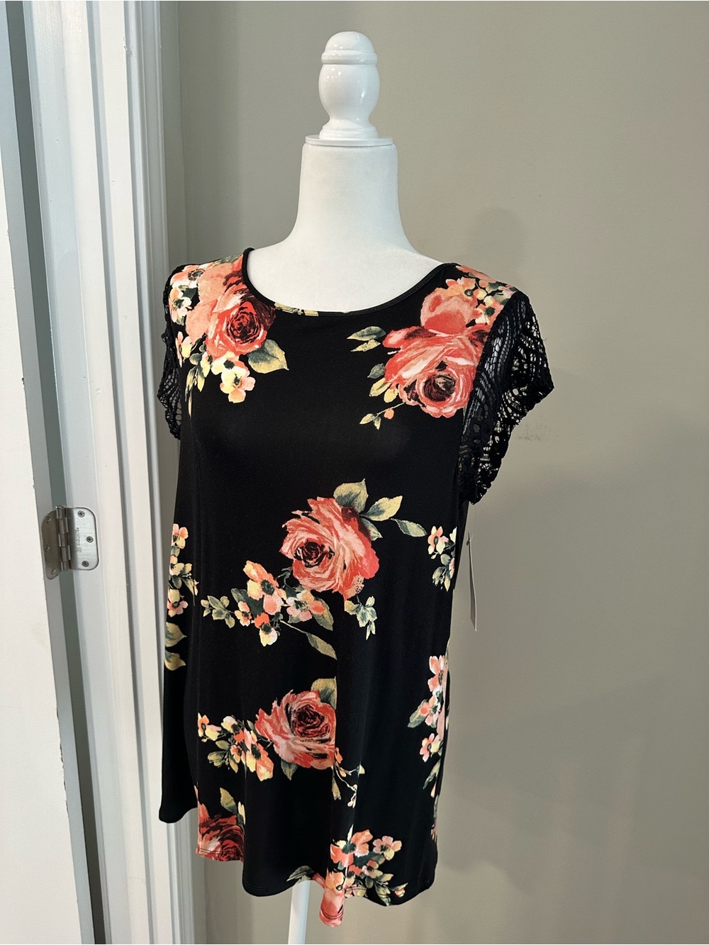 Loveappella Black Tunic with Coral Floral Print and Crochet Sleeves